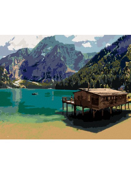 Diamantové maľovanie - JAZERNÁ KRAJINA V LAGO DI BRAIES (Rámovanie bez rámu a bez vypnutia plátna, Rozmer 40x50 cm)