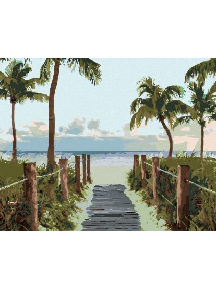 Diamantové maľovanie - CESTA NA PLÁŽ S PALMAMI (TED DAVIS) (Rámovanie bez rámu a bez vypnutia plátna, Rozmer 40x50 cm)