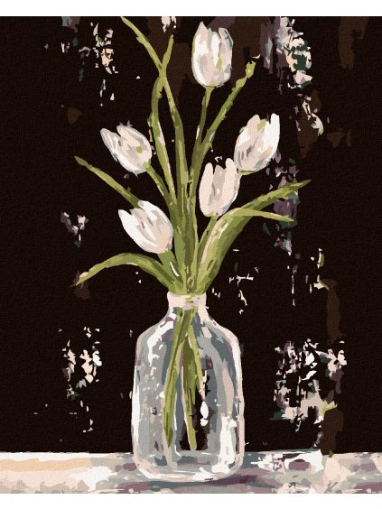 Diamantové maľovanie - BIELÉ TULIPÁNY V SKLENENEJ VÁZE (HALEY BUSH) (Rámovanie bez rámu a bez vypnutia plátna, Rozmer 40x50 cm)