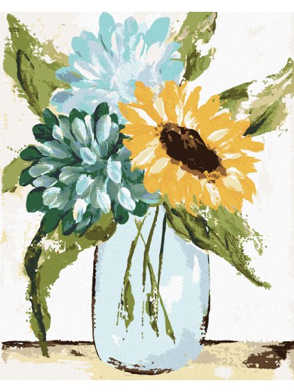 Diamantové maľovanie - HORTENZIA A SLNEČNICA VO VÁZE 2 (HALEY BUSH) (Rámovanie bez rámu a bez vypnutia plátna, Rozmer 40x50 cm)