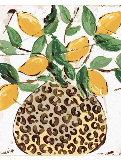 Diamantové maľovanie - CITRONY V LEOPARDEJ VÁZE (HALEY BUSH) (Rámovanie bez rámu a bez vypnutia plátna, Rozmer 40x50 cm)