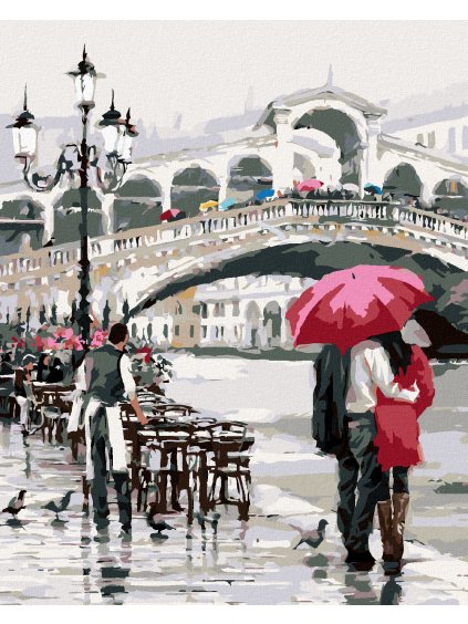 Diamantové maľovanie - MILENCI S DÁŽDNIKOM PRI MOSTE (RICHARD MACNEIL) (Rámovanie bez rámu a bez vypnutia plátna, Rozmer 40x50 cm)