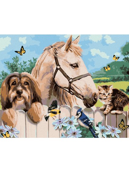 Diamantové maľovanie - PES, KÔŇ A MAČIATKO (HOWARD ROBINSON) (Rámovanie bez rámu a bez vypnutia plátna, Rozmer 40x50 cm)