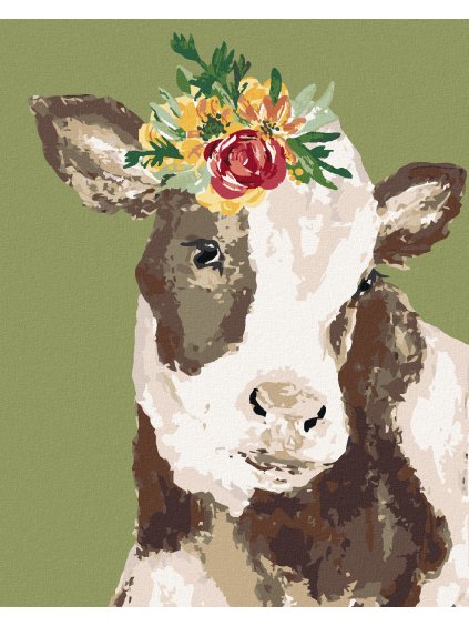 Diamantové maľovanie - KRAVA S KVETINOU NA ZELENOM POZADIÍ (HALEY BUSH) (Rámovanie bez rámu a bez vypnutia plátna, Rozmer 40x50 cm)