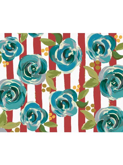 Diamantové maľovanie - ZÁTIŠIE MODRÉ KVETY NA BIELOČERVENOM POZADIÍ (HALEY BUSH) (Rámovanie bez rámu a bez vypnutia plátna, Rozmer 40x50 cm)