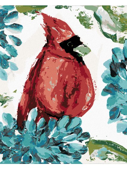 Diamantové maľovanie - ČERVENÝ VTÁK A HORTENZIA (HALEY BUSH) (Rámovanie bez rámu a bez vypnutia plátna, Rozmer 40x50 cm)