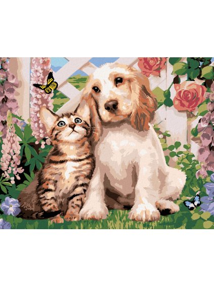 Diamantové maľovanie - PES A MAČKA MEDZI KVETMI (HOWARD ROBINSON) (Rámovanie bez rámu a bez vypnutia plátna, Rozmer 40x50 cm)