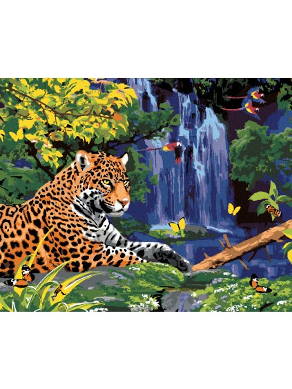 Diamantové maľovanie - JAGUÁR PRI VODOPÁDE A PAPAGÁJE (HOWARD ROBINSON) (Rámovanie bez rámu a bez vypnutia plátna, Rozmer 40x50 cm)