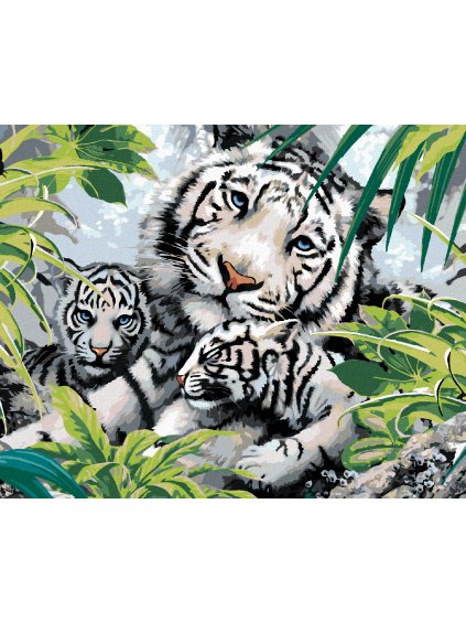 Diamantové maľovanie - BIELY TIGER A DVE MLÁĎATÁ (HOWARD ROBINSON) (Rámovanie bez rámu a bez vypnutia plátna, Rozmer 40x50 cm)