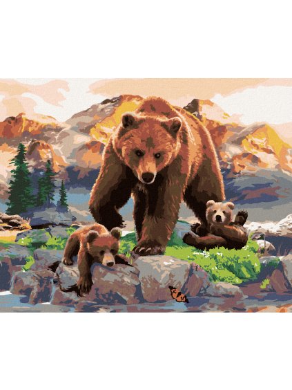 Diamantové maľovanie - MEDVEDICA A MLÁĎATA PRI POTÔČIKU (HOWARD ROBINSON) (Rámovanie bez rámu a bez vypnutia plátna, Rozmer 40x50 cm)
