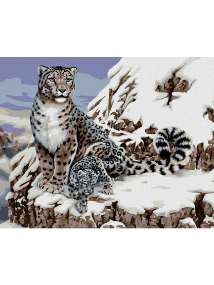 Diamantové maľovanie - LEVHART SNEŽNÝ S MLÁĎAŤOM (HOWARD ROBINSON) (Rámovanie bez rámu a bez vypnutia plátna, Rozmer 40x50 cm)