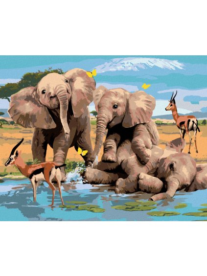 Diamantové maľovanie - VESELÉ SLONY A GAZELY PRI VODE (HOWARD ROBINSON) (Rámovanie bez rámu a bez vypnutia plátna, Rozmer 40x50 cm)