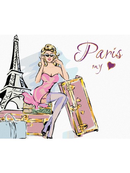 Diamantové maľovanie - ŽENA S KUFRAMI PRI EIFFELOVEJ VEŽI (Rámovanie bez rámu a bez vypnutia plátna, Rozmer 40x50 cm)