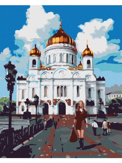 Diamantové maľovanie - ŽENA PRED CHRÁMOM (Rámovanie bez rámu a bez vypnutia plátna, Rozmer 40x50 cm)