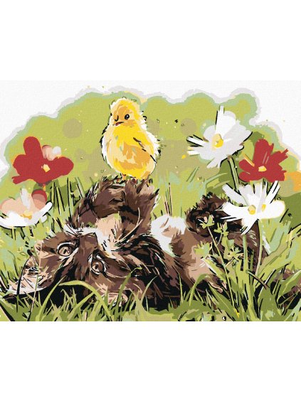 Diamantové maľovanie - MAČIATKO A KURIATKO (Rámovanie bez rámu a bez vypnutia plátna, Rozmer 40x50 cm)