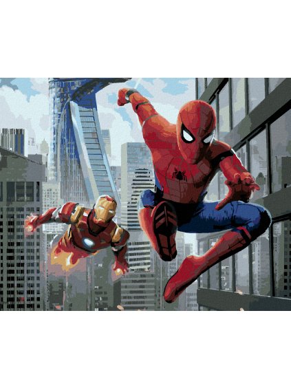 Diamantové maľovanie - SPIDERMAN A IRON MAN V LETE (Rámovanie bez rámu a bez vypnutia plátna, Rozmer 40x50 cm)
