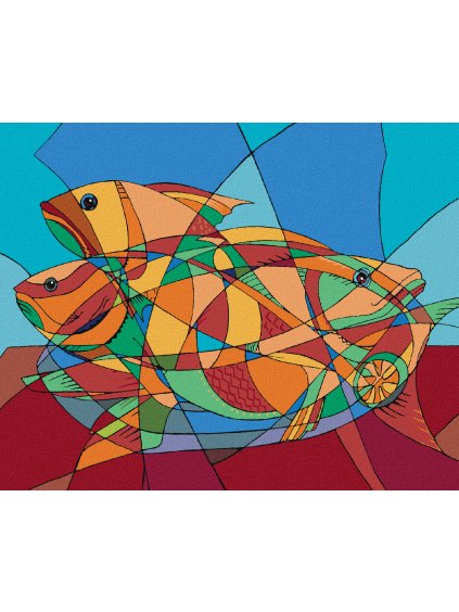 Diamantové maľovanie - ABSTRAKTNÉ KUBICKÉ RYBY (Rámovanie bez rámu a bez vypnutia plátna, Rozmer 40x50 cm)