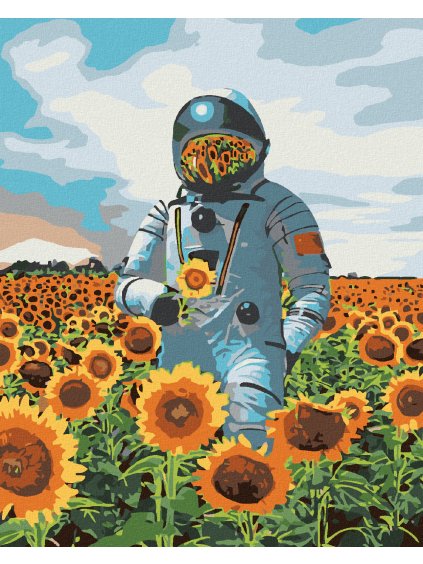 Diamantové maľovanie - ASTRONAUT V SLNEČNICIACH (Rámovanie bez rámu a bez vypnutia plátna, Rozmer 40x50 cm)