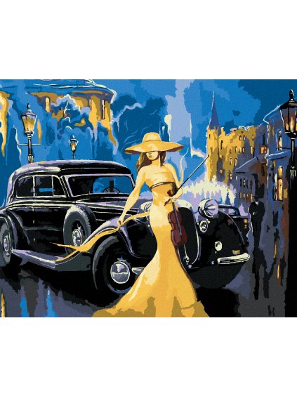 Diamantové maľovanie - AUTO A DIEVČA S HUSĽAMI (Rámovanie bez rámu a bez vypnutia plátna, Rozmer 40x50 cm)