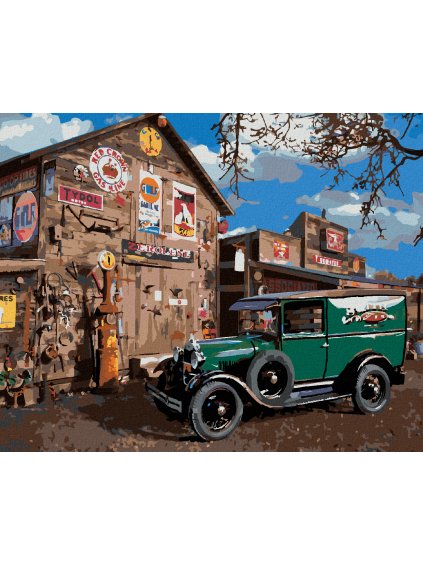 Diamantové maľovanie - AUTO VETERÁN PRI STODOLE (DENNIS FRATES) (Rámovanie bez rámu a bez vypnutia plátna, Rozmer 40x50 cm)