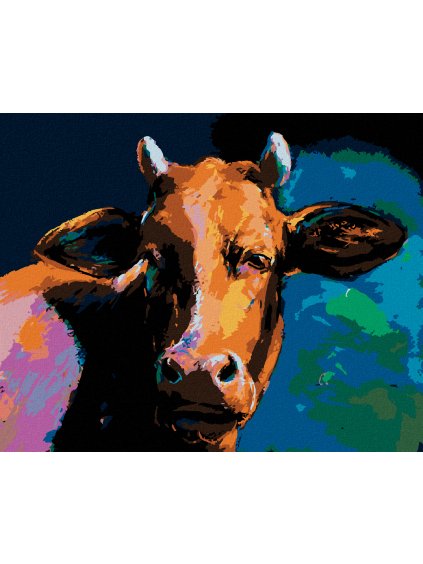 Diamantové maľovanie - FAREBNÁ KRAVA S TMAVÝM POZADÍM (Rámovanie bez rámu a bez vypnutia plátna, Rozmer 40x50 cm)