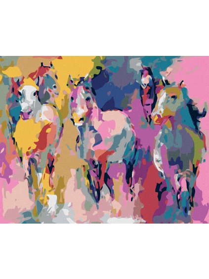 Diamantové maľovanie - FAREBNÉ STÁDO KONÍ (Rámovanie bez rámu a bez vypnutia plátna, Rozmer 40x50 cm)