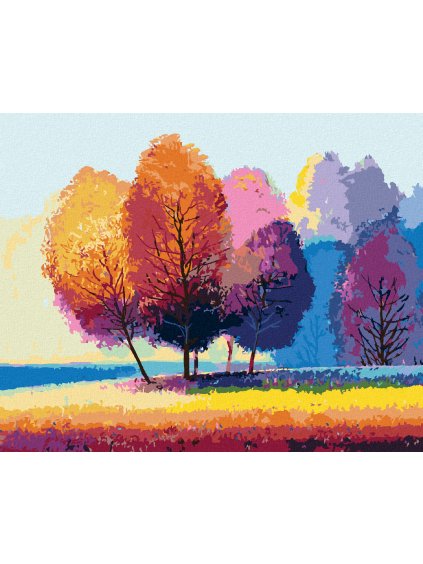 Diamantové maľovanie - FAREBNÉ STROMY NA KRAJI LESA (Rámovanie bez rámu a bez vypnutia plátna, Rozmer 40x50 cm)