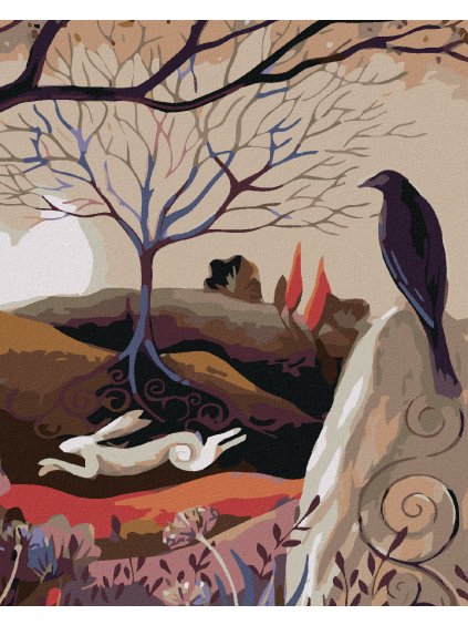 Diamantové maľovanie - BEŽIACI ZAJAC A ČIERNA VRANA (Rámovanie bez rámu a bez vypnutia plátna, Rozmer 40x50 cm)