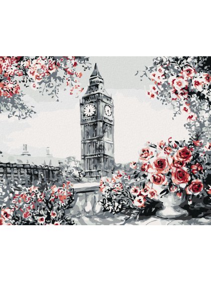 Diamantové maľovanie - BIG BEN OBKLOPENÝ RUŽAMI (Rámovanie bez rámu a bez vypnutia plátna, Rozmer 40x50 cm)