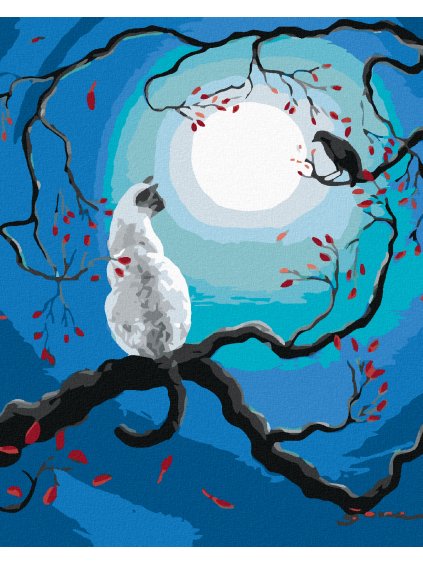 Diamantové maľovanie - BIELA MAČKA A VRANA PRI SPLNE MESIACA (Rámovanie bez rámu a bez vypnutia plátna, Rozmer 40x50 cm)