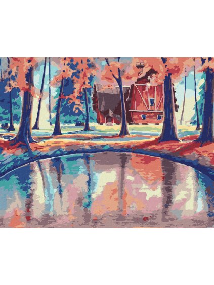 Diamantové maľovanie - ČERVENÝ DOM V LESE S MAGICKÝM JAZEROM (Rámovanie bez rámu a bez vypnutia plátna, Rozmer 40x50 cm)