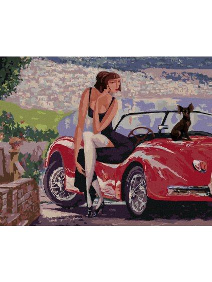Diamantové maľovanie - DÁMA SEDIACE NA STAROM KABRIOLETE (Rámovanie bez rámu a bez vypnutia plátna, Rozmer 40x50 cm)