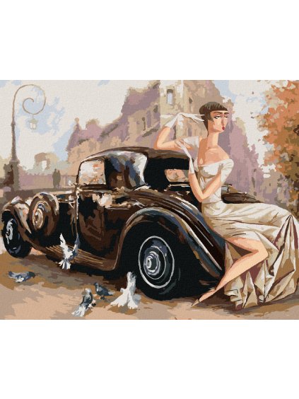 Diamantové maľovanie - DÁMA PRI RETRO AUTE (Rámovanie bez rámu a bez vypnutia plátna, Rozmer 40x50 cm)