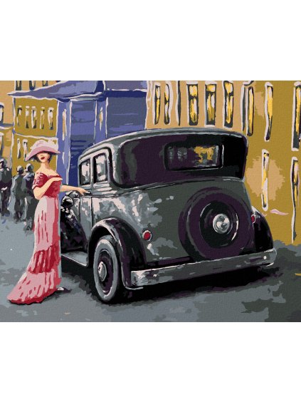 Diamantové maľovanie - DÁMA V RUŽOVÝCH ŠATÁCH PRI AUTE (Rámovanie bez rámu a bez vypnutia plátna, Rozmer 40x50 cm)