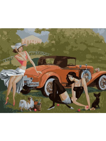Diamantové maľovanie - DÁMY S PSÍKMI PRI AUTE (Rámovanie bez rámu a bez vypnutia plátna, Rozmer 40x50 cm)