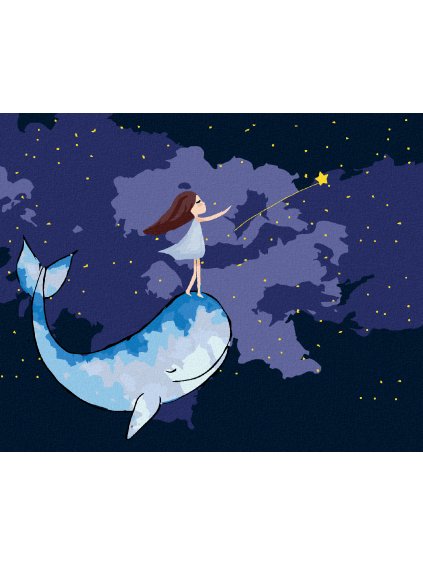 Diamantové maľovanie - DIEVČA S VEĽRYBOU NA NOČNEJ OBLOHE (Rámovanie bez rámu a bez vypnutia plátna, Rozmer 40x50 cm)