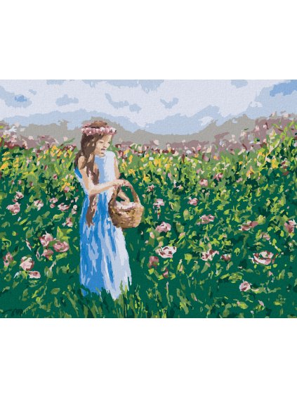 Diamantové maľovanie - DIEVČA ZBIERAJÚCE KVETY DO KOŠÍKA (Rámovanie bez rámu a bez vypnutia plátna, Rozmer 40x50 cm)