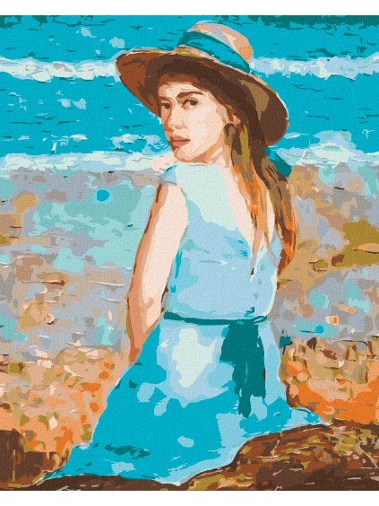 Diamantové maľovanie - DIEVČA V MODRÝCH ŠATÁCH S KLOBÚKOM (Rámovanie bez rámu a bez vypnutia plátna, Rozmer 40x50 cm)