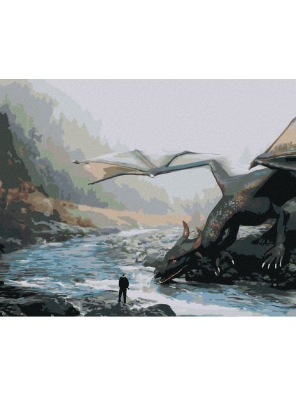 Diamantové maľovanie - DRAK PRI RIEKE (Rámovanie bez rámu a bez vypnutia plátna, Rozmer 40x50 cm)
