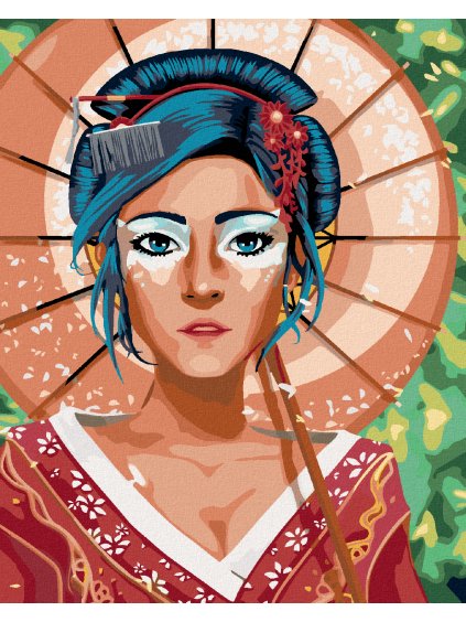 Diamantové maľovanie - GEJŠA V KIMONE S DÁŽDNIKOM (Rámovanie bez rámu a bez vypnutia plátna, Rozmer 40x50 cm)