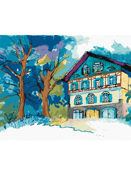 Diamantové maľovanie - HORSKÁ CHATA UPROSTRED LESA (Rámovanie bez rámu a bez vypnutia plátna, Rozmer 40x50 cm)