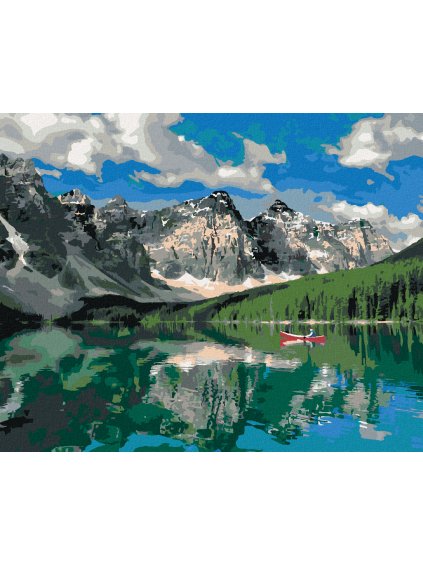 Diamantové maľovanie - HORY A LOĎKA NA JAZERE (DENNIS FRATES) (Rámovanie bez rámu a bez vypnutia plátna, Rozmer 40x50 cm)