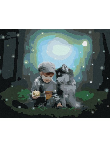 Diamantové maľovanie - HUSKY A CHLAPČEK V LESE (Rámovanie bez rámu a bez vypnutia plátna, Rozmer 40x50 cm)