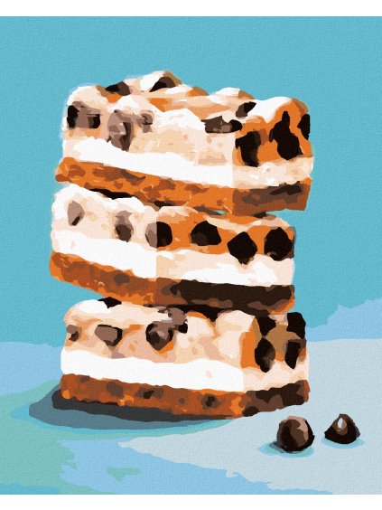 Diamantové maľovanie - CHEESECAKE TYČINKA S KÚSKAMI ČOKOLÁDY NA MODROM POZADÍ (MYROSLAVA VOLOSCHUK) (Rámovanie bez rámu a bez vypnutia plátna, Rozmer 40x50 cm)