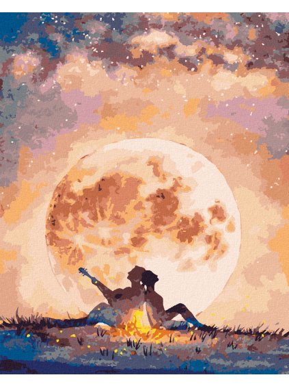 Diamantové maľovanie - CHLAPEC S GITAROU A DIEVČAŤOM POD MESIACOM (Rámovanie bez rámu a bez vypnutia plátna, Rozmer 40x50 cm)