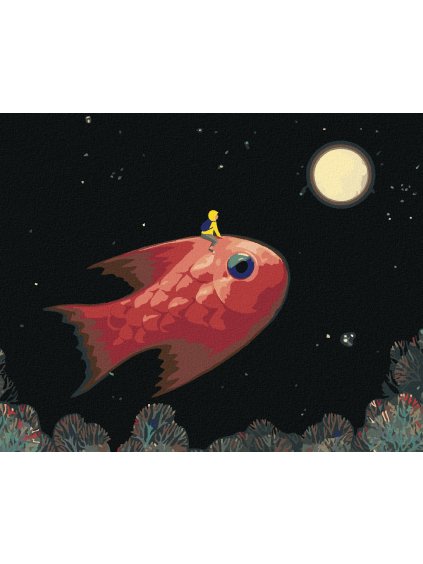 Diamantové maľovanie - CHLAPEC S RYBOU NA CESTE NA MESIAC (Rámovanie bez rámu a bez vypnutia plátna, Rozmer 40x50 cm)