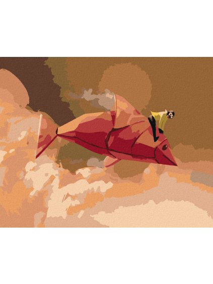 Diamantové maľovanie - DIEVČA NA ČERVENEJ RYBE Z ORIGAMI (Rámovanie bez rámu a bez vypnutia plátna, Rozmer 40x50 cm)