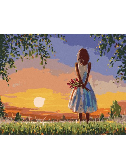 Diamantové maľovanie - DIEVČA S KYTICOU TULIPÁNOV (Rámovanie bez rámu a bez vypnutia plátna, Rozmer 40x50 cm)