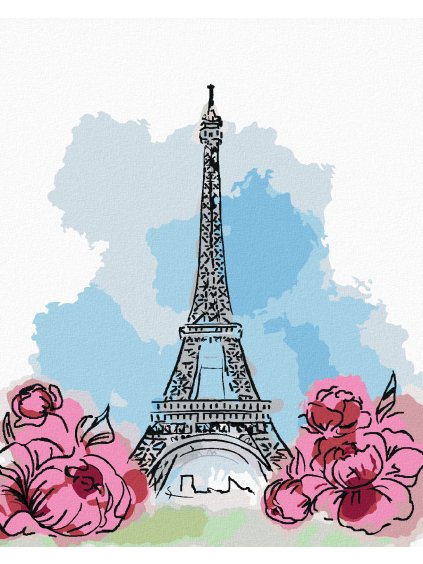 Diamantové maľovanie - EIFFELOVA VEŽA V PARÍŽI S RUŽOVÝMI KVETINAMI (Rámovanie bez rámu a bez vypnutia plátna, Rozmer 40x50 cm)