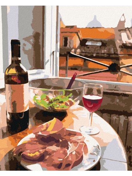 Diamantové maľovanie - TALIANSKA VEČERA PRI OKNE (Rámovanie bez rámu a bez vypnutia plátna, Rozmer 40x50 cm)